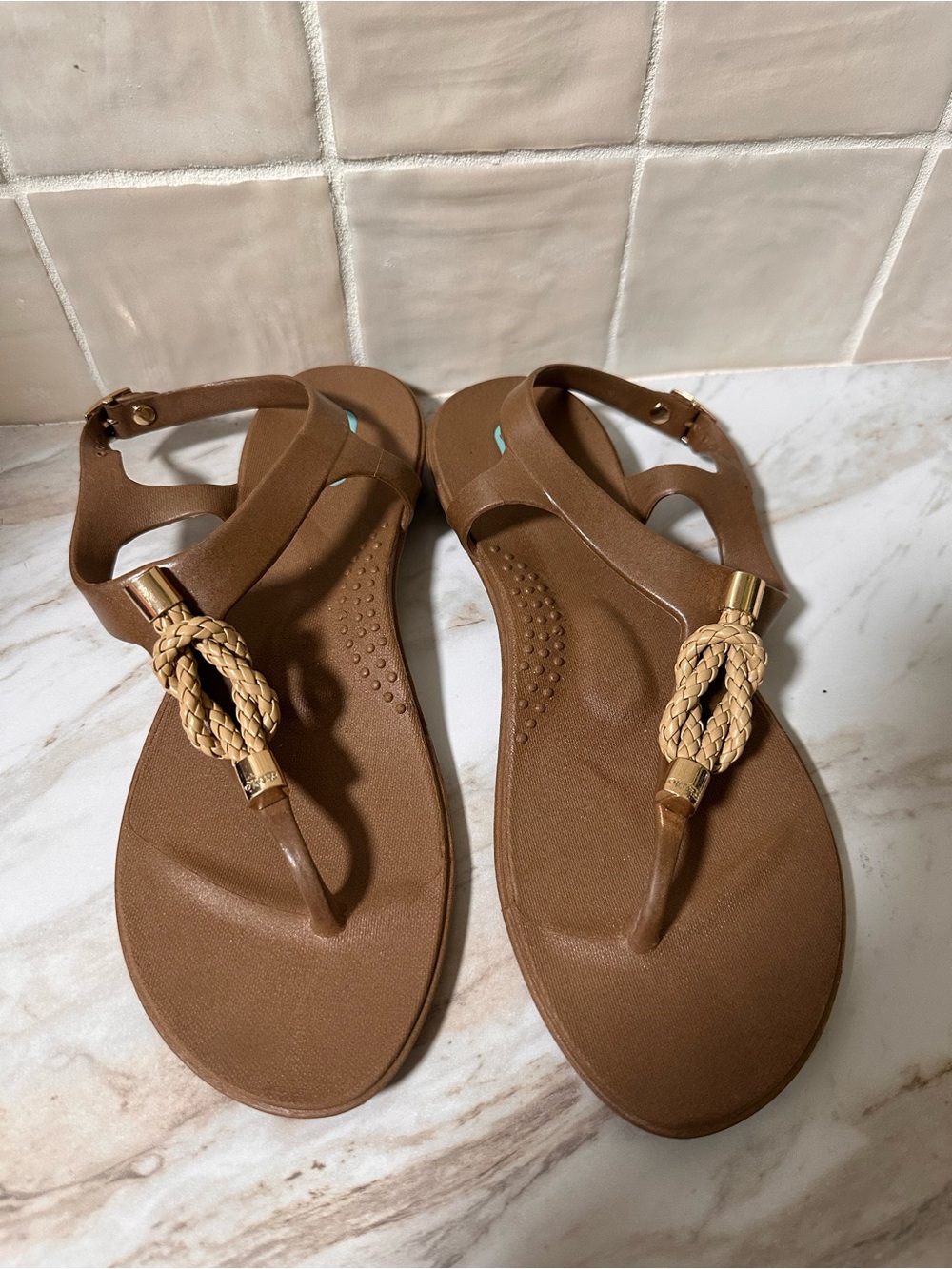 Oka-B Tan Neptune T-Strap Sandals. Size 9